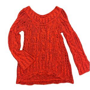 Free People Cable Knit Red Sweater Hot Tottie Boho Bell Sleeve Size SP
